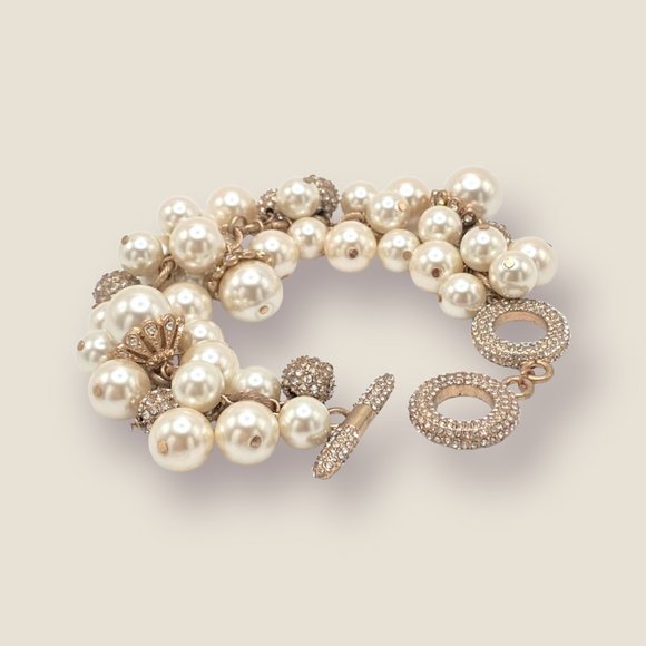 NEW Badgley Mischka Pearl & Pave Rhinestone Bead Gold Dangle Wedding Bracelet - Picture 5 of 8